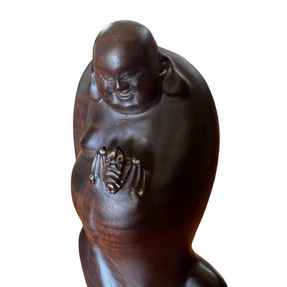 Handcarved 7" Sandalwood Chinese Budai/Laughing Buddha Maitreya with Bat - Picture 6 of 8